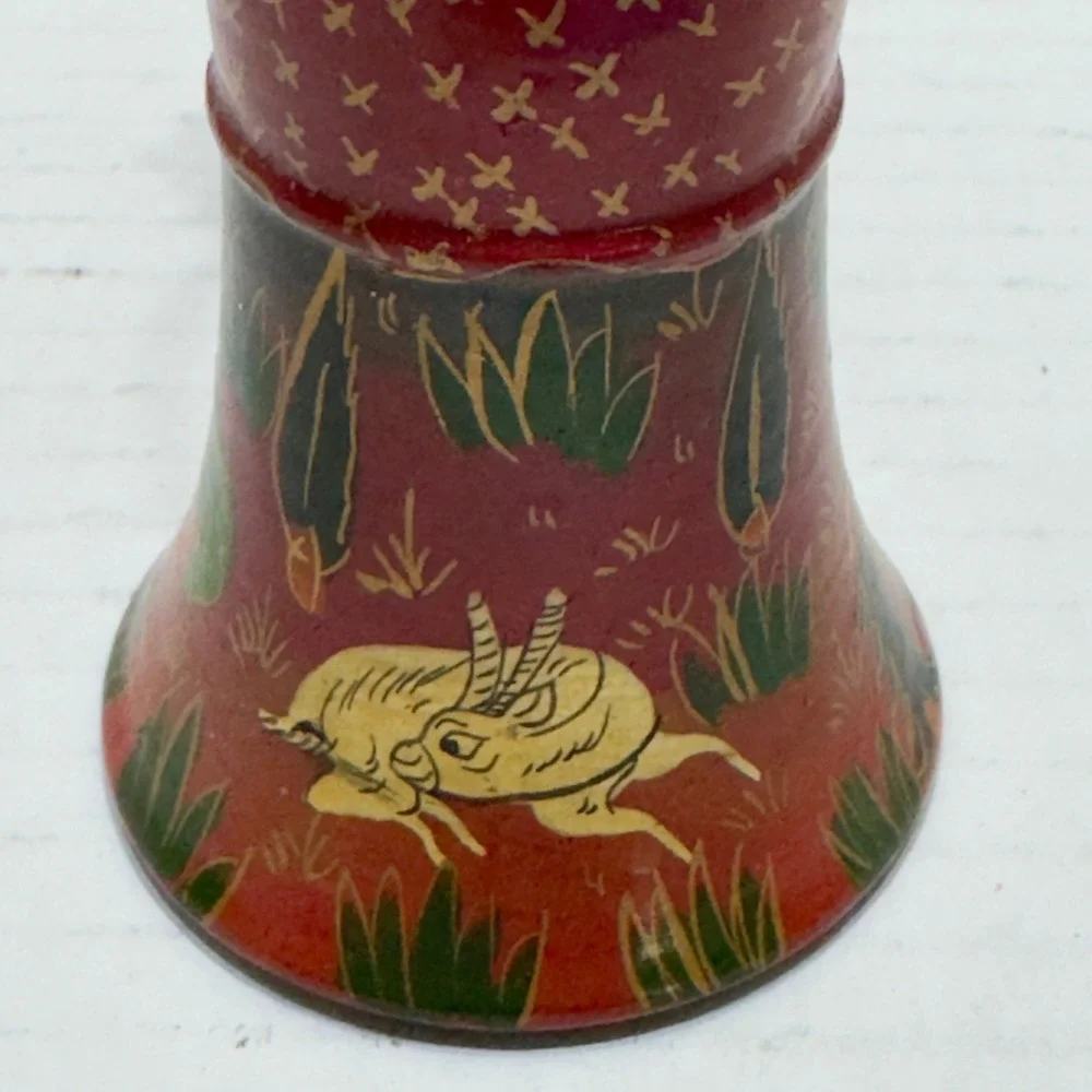 Hand Painted PapierMache Bell Ornament Red Gold Deer Woodland Scene Tassel 2.75